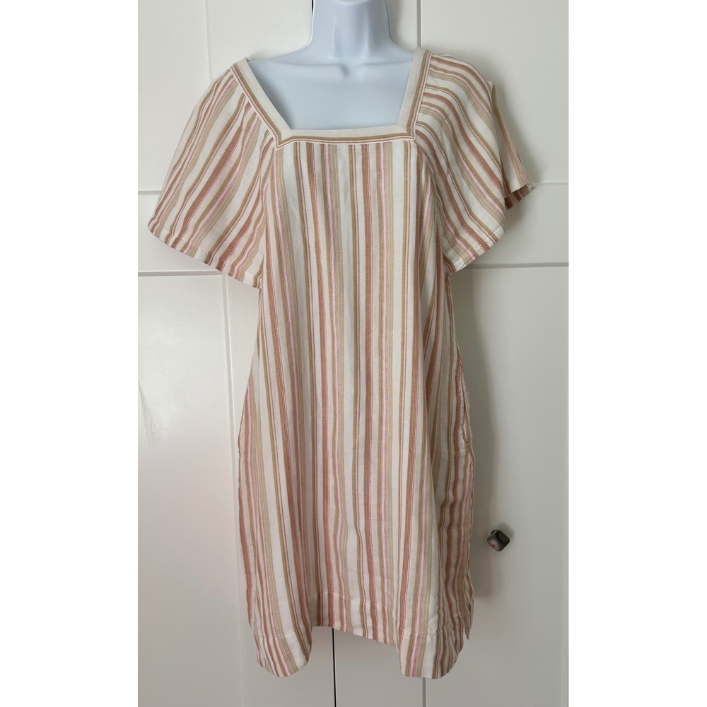 ABLE Women Striped 100% Cotton Square Neck Shift Dress Pink Tan Cream Small